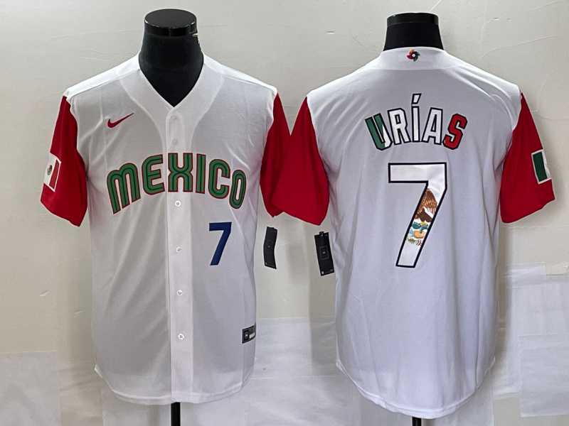 Men%27s Mexico Baseball #7 Julio Urias Number 2023 White Red World Classic Stitched Jersey12
